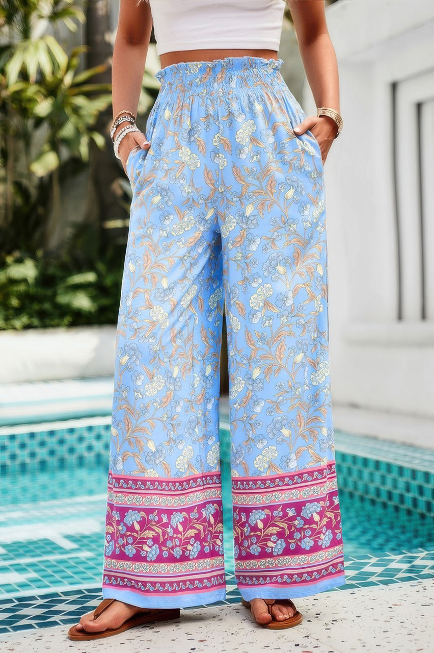 Floral Print Wide Stright Leg Pockets Elastic Pant