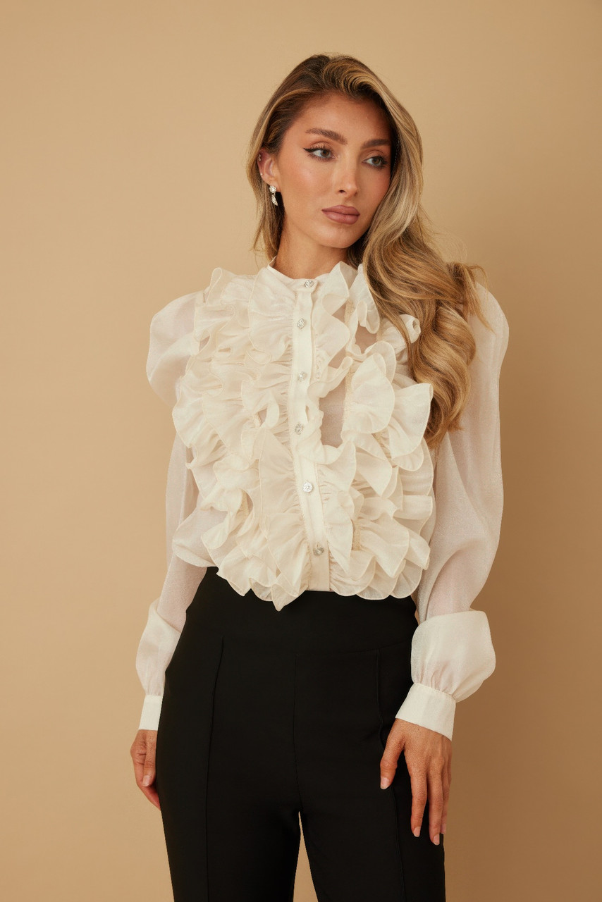Ruffle Micro Crystal Long Sleeve Blouse