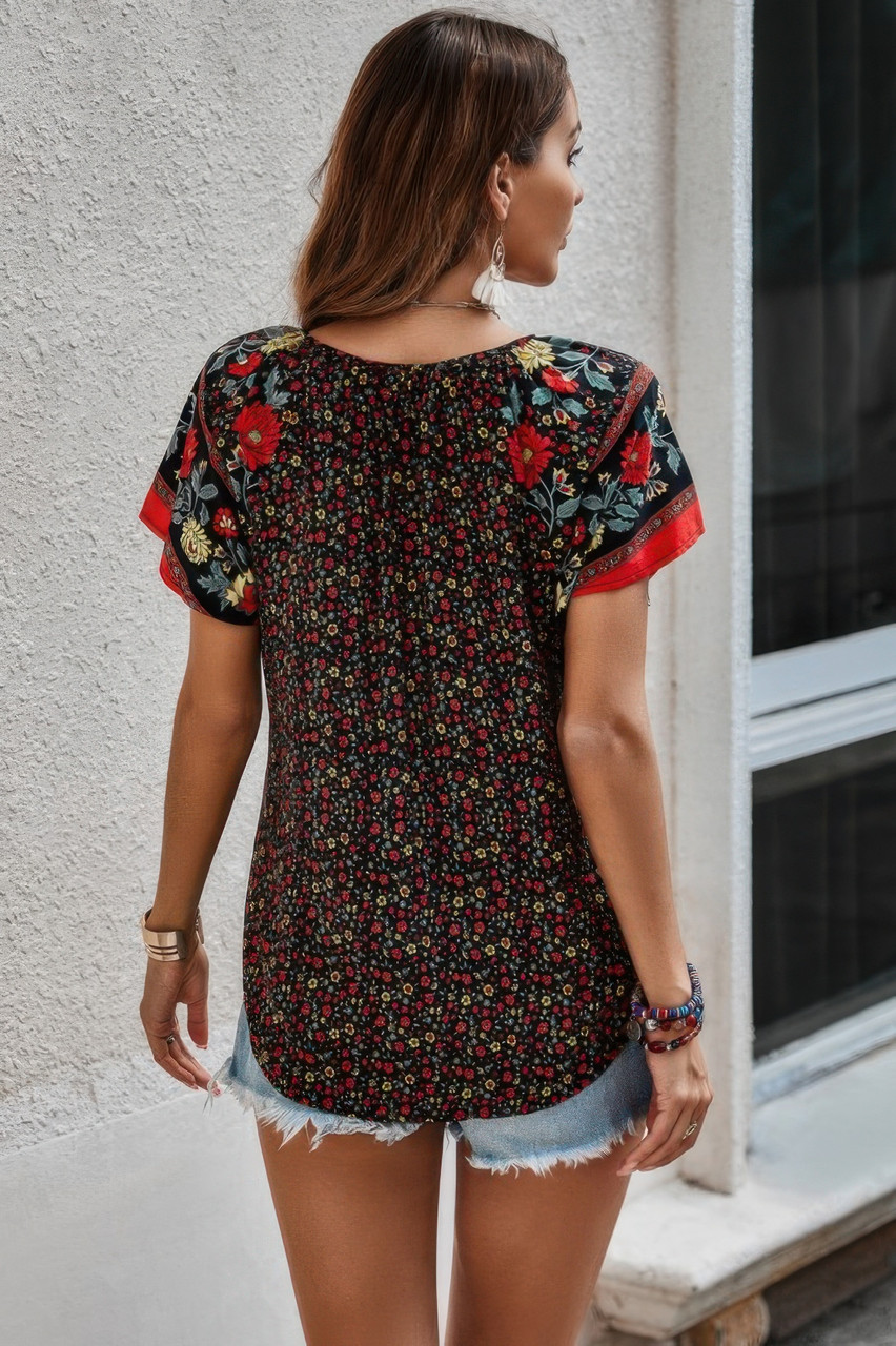 Floral Boho Ruffle V Neck Short Sleeve Loose Shirt
