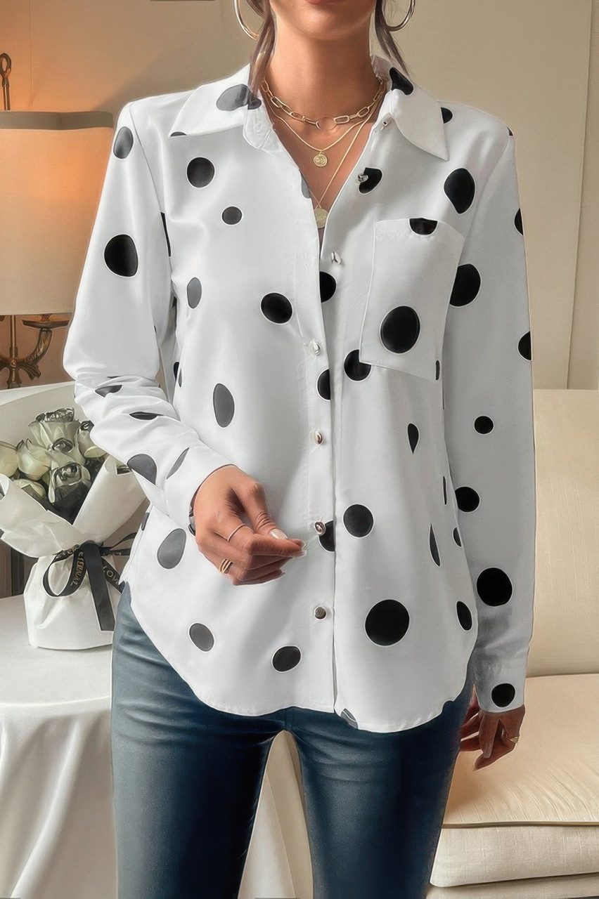 Dot Print Pocket Drop Shoulder Button Blouse Dot Print Pocket Drop Shoulder Button Blouse