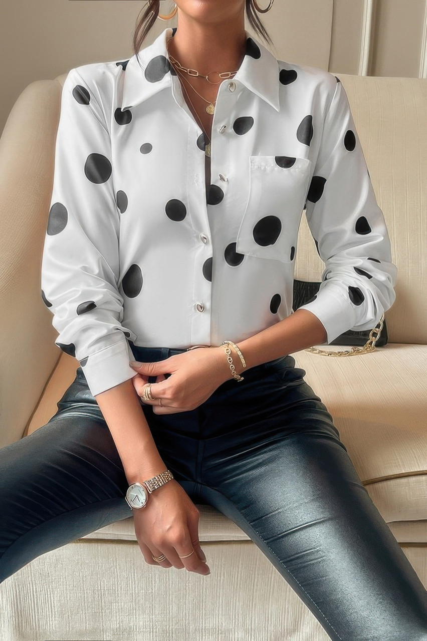 Dot Print Pocket Drop Shoulder Button Blouse Dot Print Pocket Drop Shoulder Button Blouse