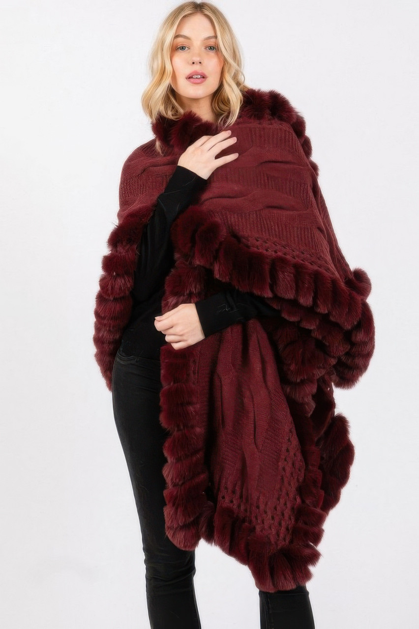 Faux Fur Collar And Trim Cape With Closure Faux Fur Collar And Trim Cape With Closure