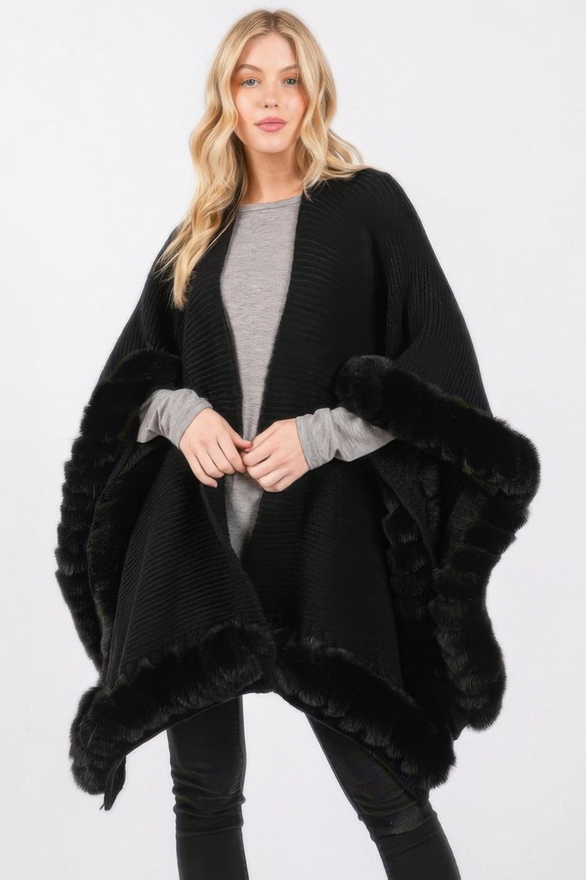 Faux Fur Trim Cape With Closure Faux Fur Trim Cape With Closure