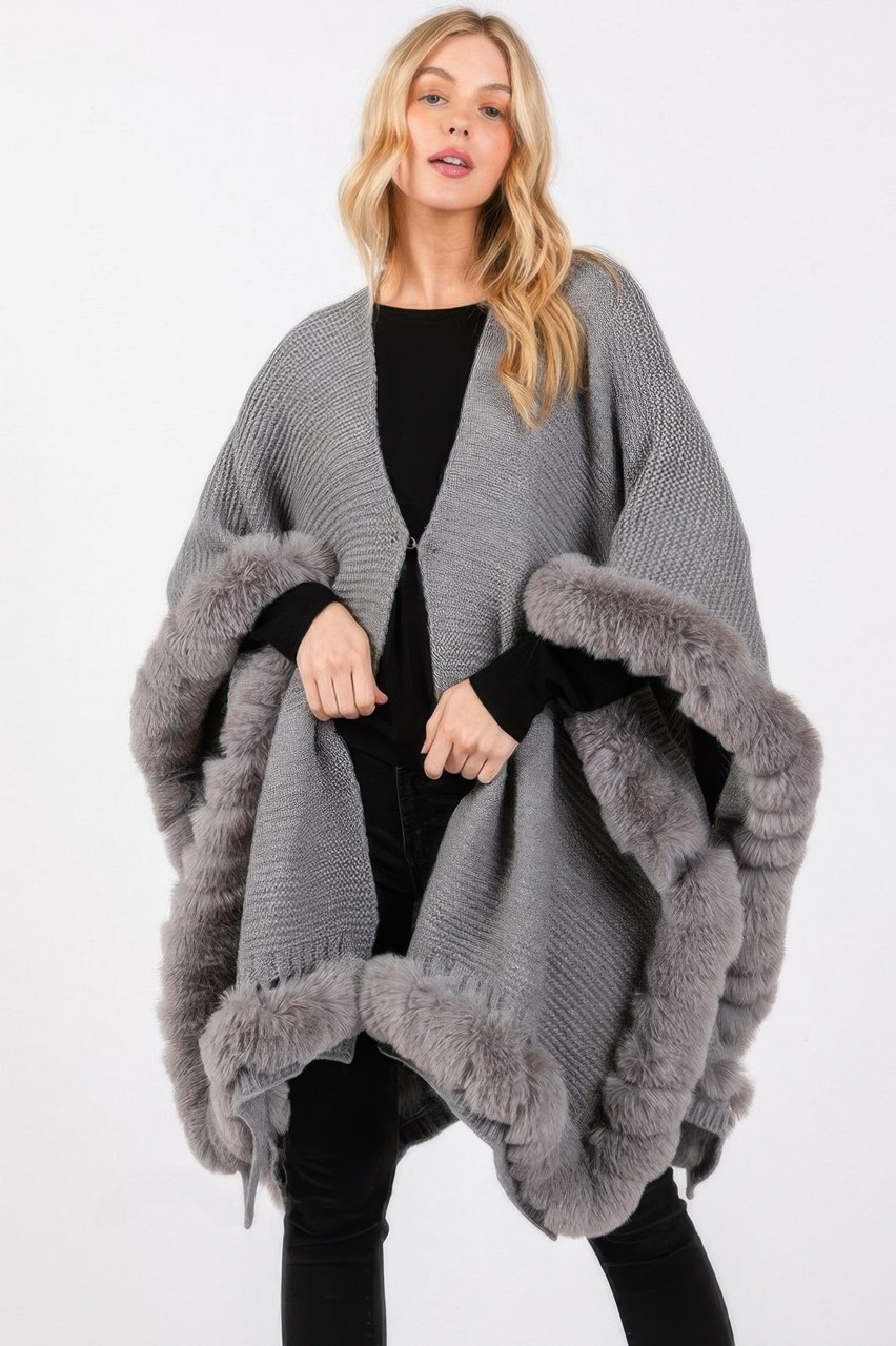 Faux Fur Trim Cape With Closure Faux Fur Trim Cape With Closure