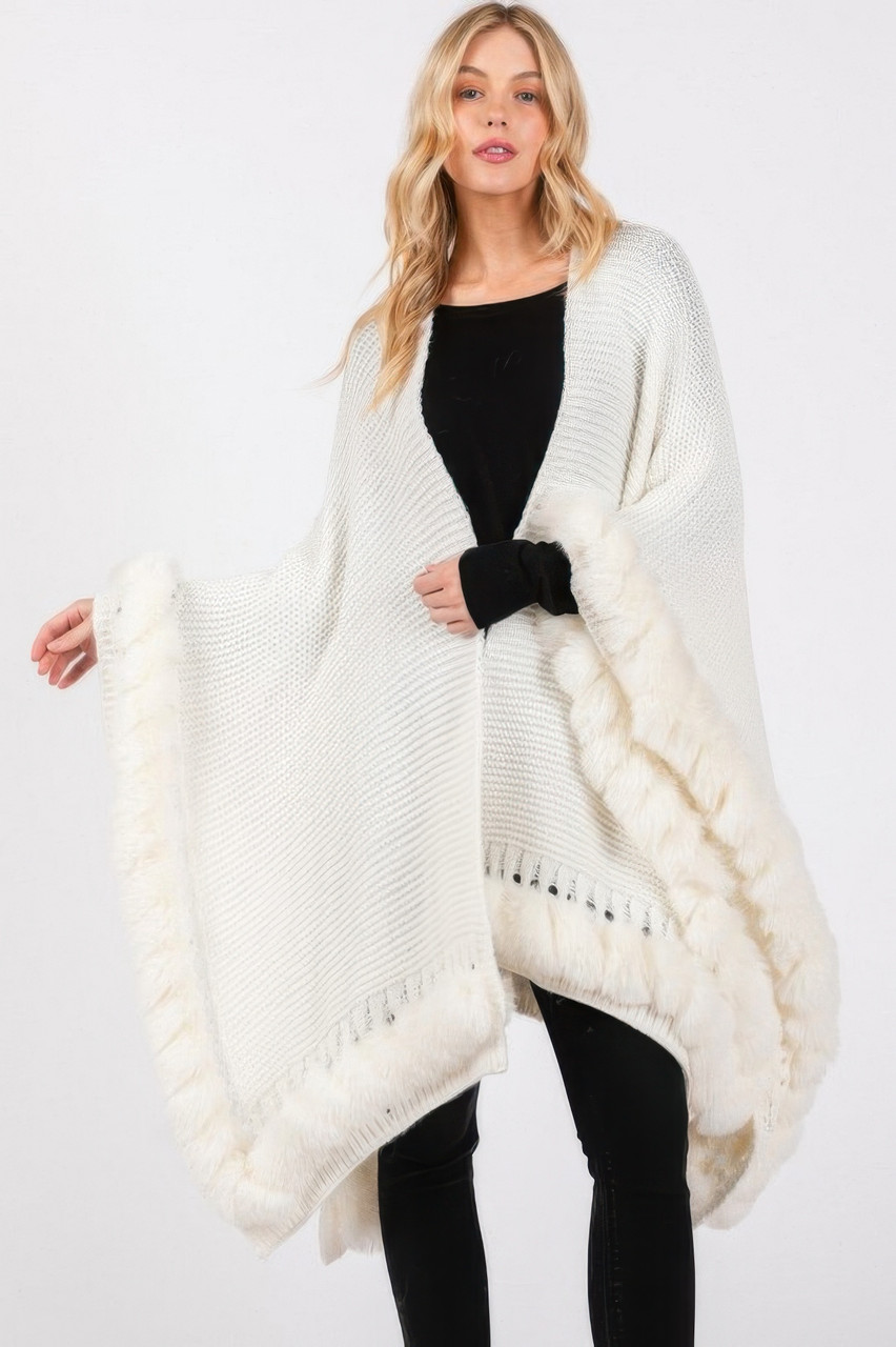 Faux Fur Trim Cape With Closure Faux Fur Trim Cape With Closure