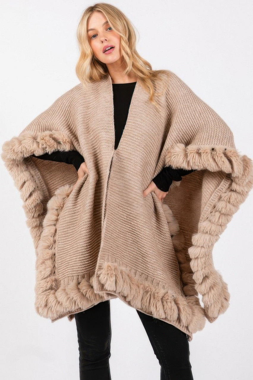 Faux Fur Trim Cape With Closure Faux Fur Trim Cape With Closure