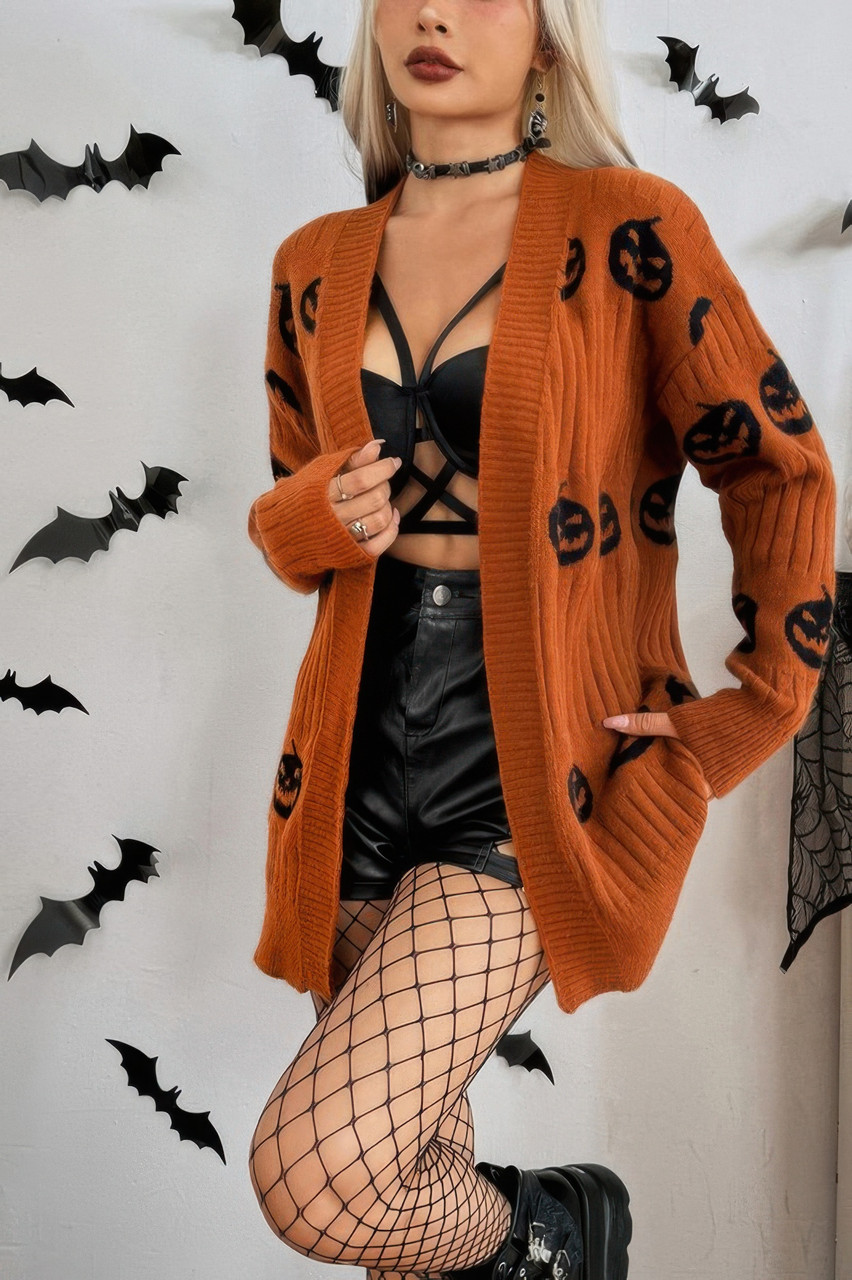 Pumpkin Print Open Front Long Sleeve Cardigan