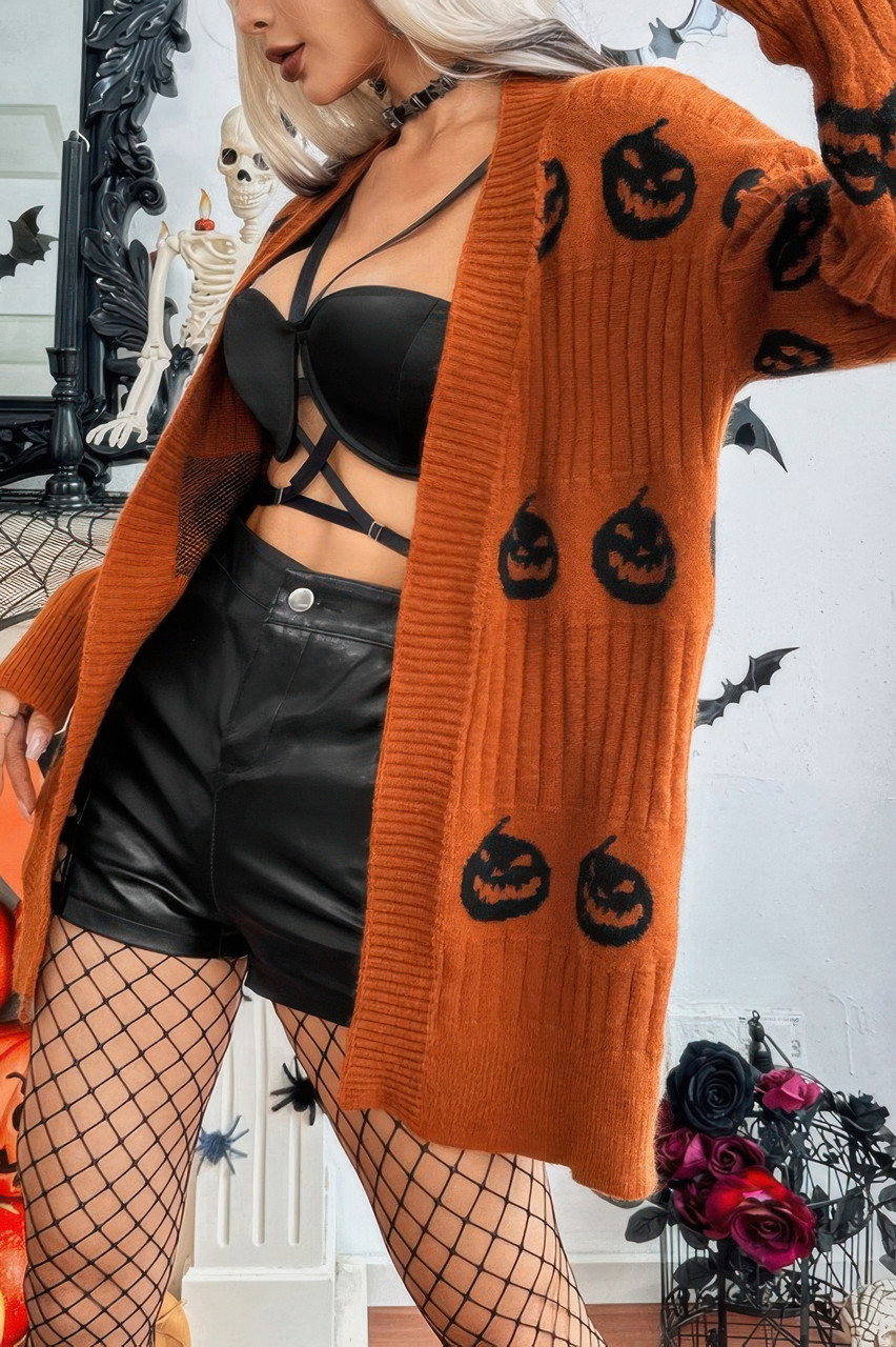 Pumpkin Print Open Front Long Sleeve Cardigan