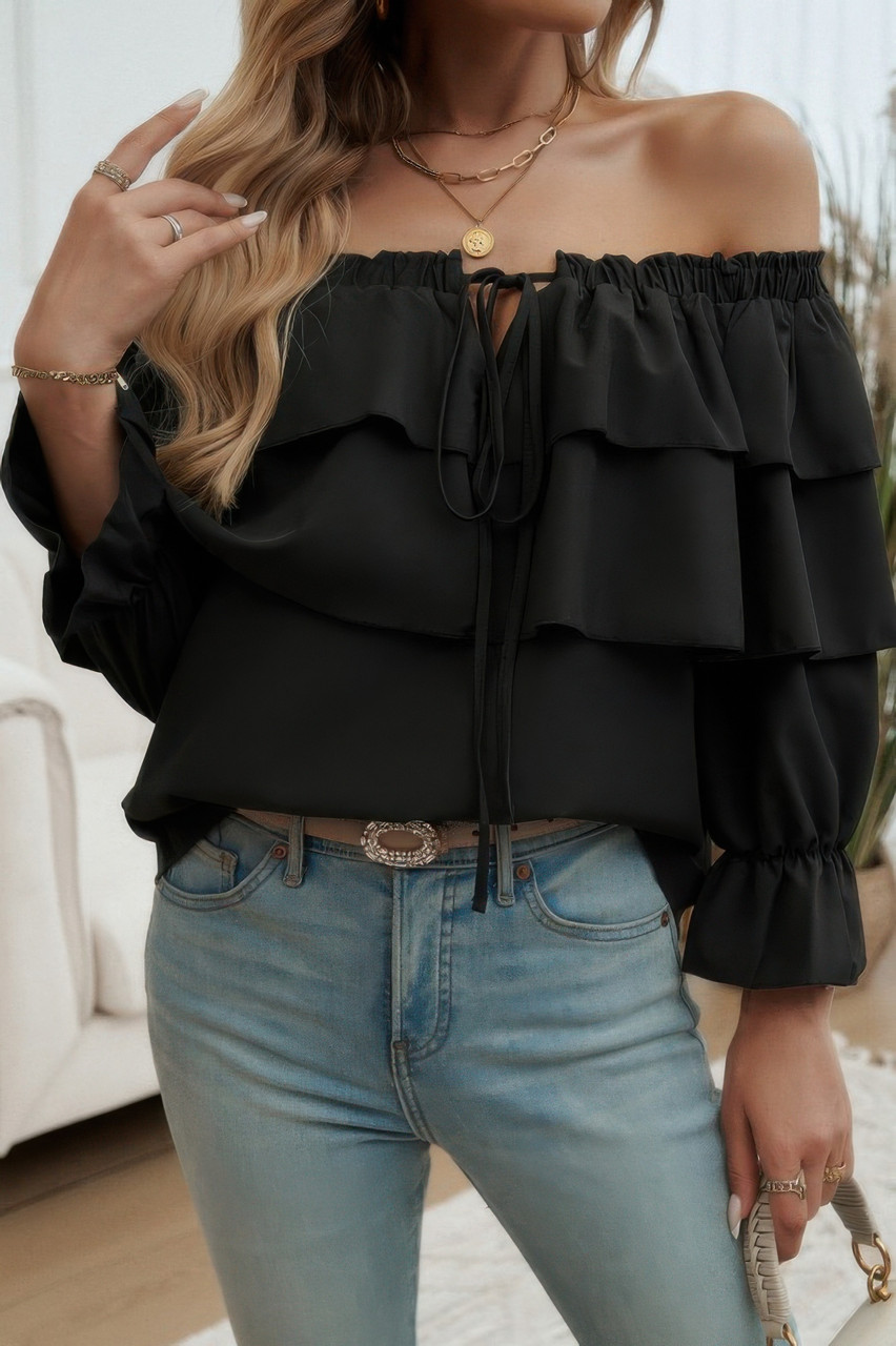 Tiered Ruffles Drawstring Ruched Neck Blouse Tiered Ruffles Drawstring Ruched Neck Blouse