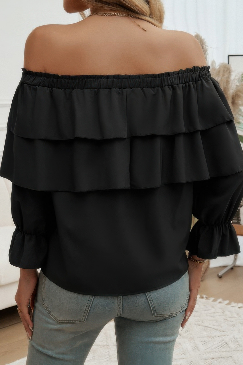 Tiered Ruffles Drawstring Ruched Neck Blouse Tiered Ruffles Drawstring Ruched Neck Blouse