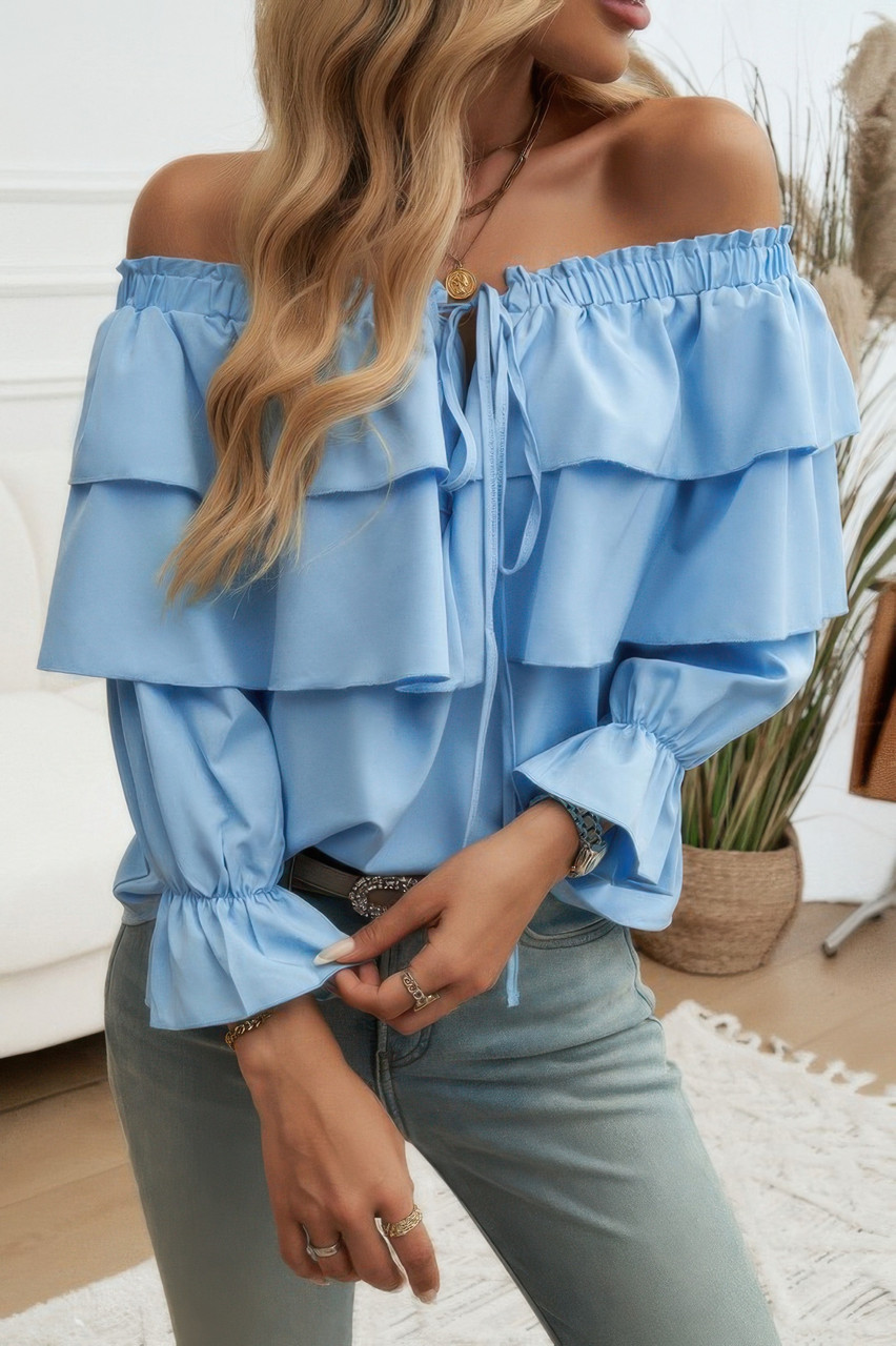 Tiered Ruffles Drawstring Ruched Neck Blouse Tiered Ruffles Drawstring Ruched Neck Blouse