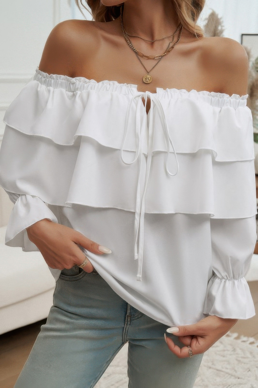 Tiered Ruffles Drawstring Ruched Neck Blouse Tiered Ruffles Drawstring Ruched Neck Blouse
