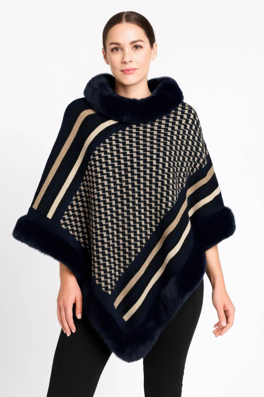 Patterned Knit Poncho With Faux Fur Trim Patterned Knit Poncho With Faux Fur Trim