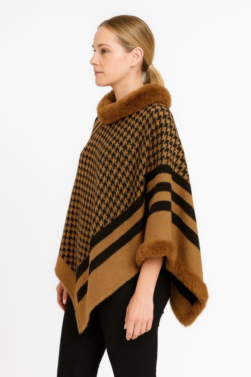 Patterned Knit Poncho With Faux Fur Trim