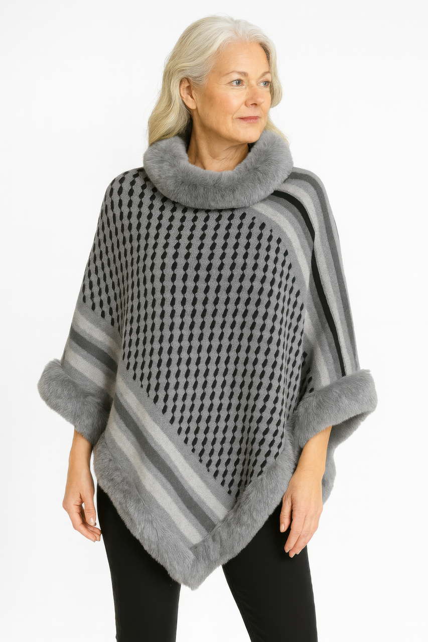 Patterned Knit Poncho With Faux Fur Trim Patterned Knit Poncho With Faux Fur Trim
