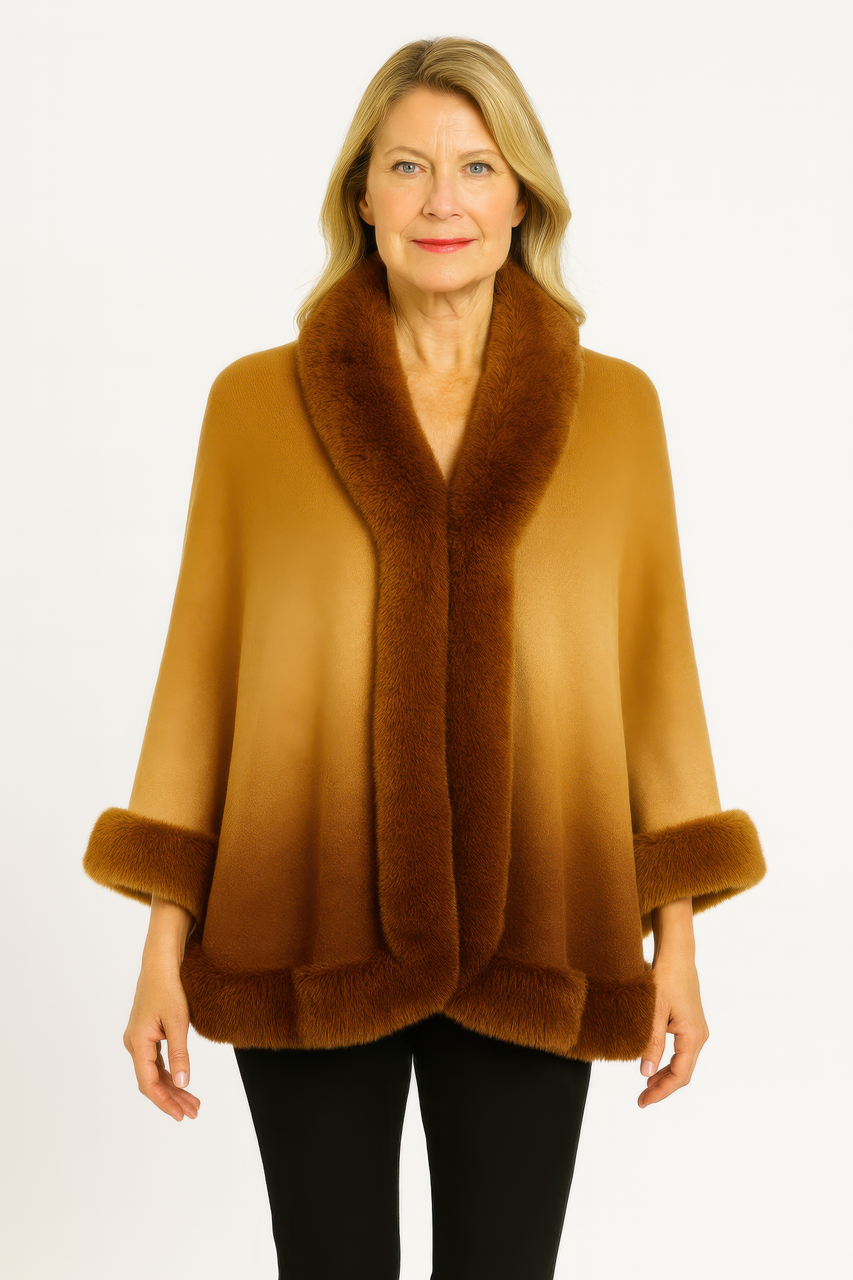 Ombre Faux Fur Trim Cape Wrap Ombre Faux Fur Trim Cape Wrap