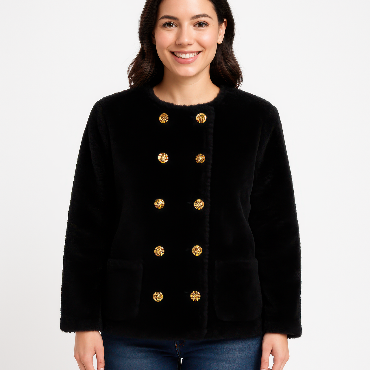 Textured Double-breasted Faux Shearling Jacket