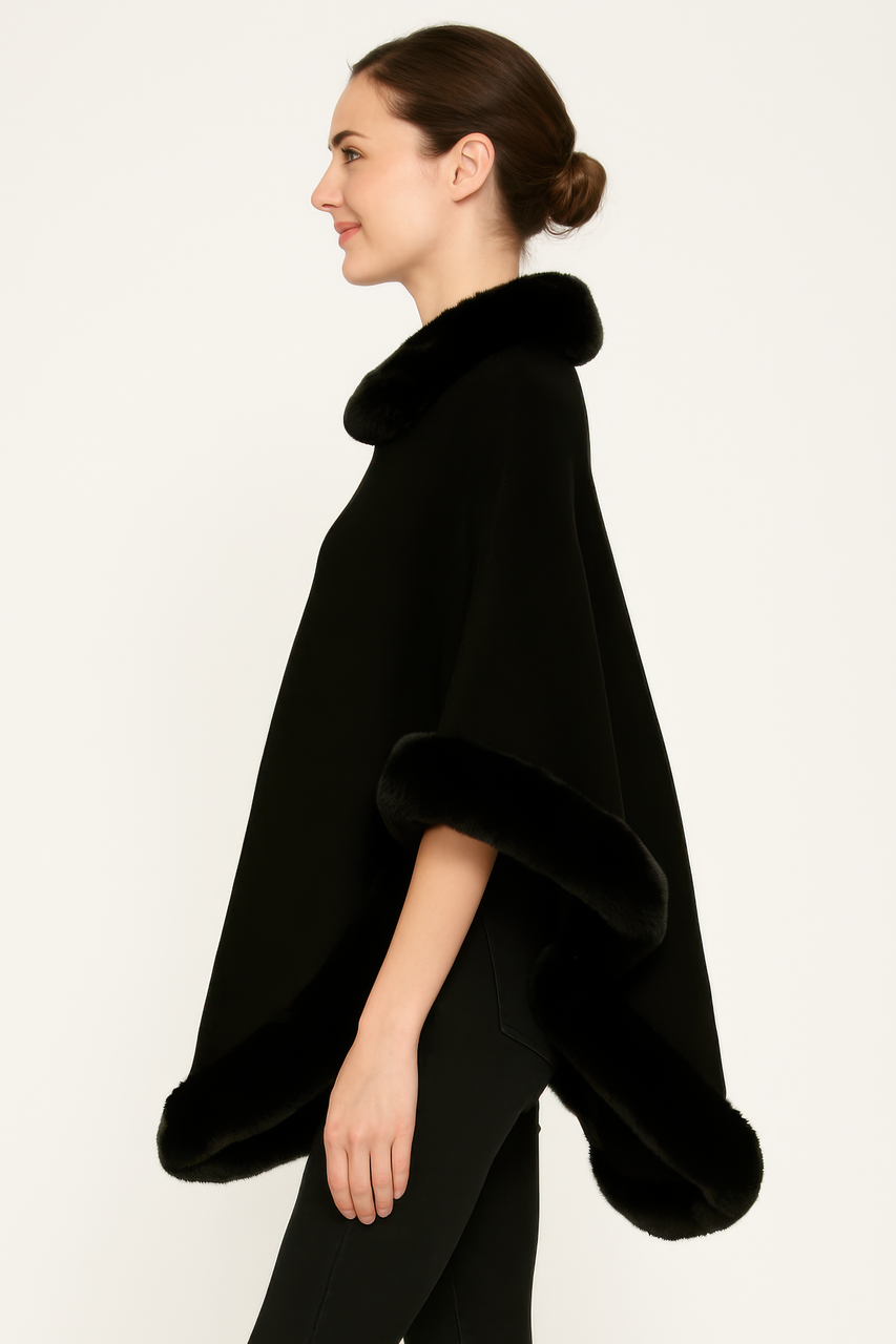 Classic Black Poncho With Faux Fur Trim