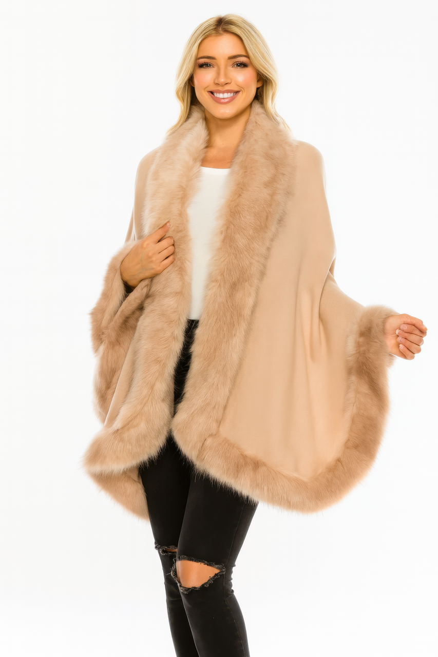 Camel Faux Fur Trim Open-front Cape Wrap Camel Faux Fur Trim Open-front Cape Wrap