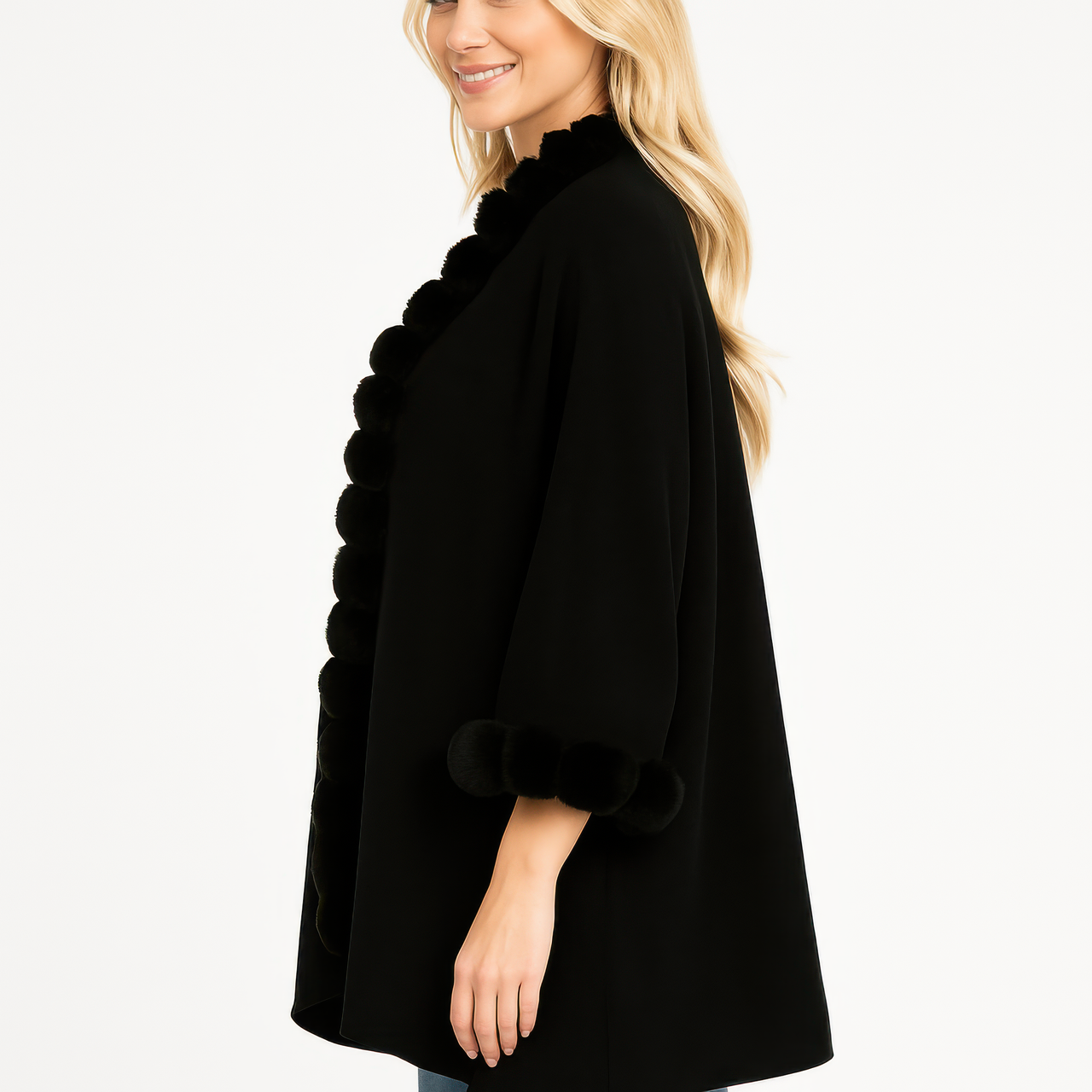 Open-front Cape With Pom Faux Fur Trim