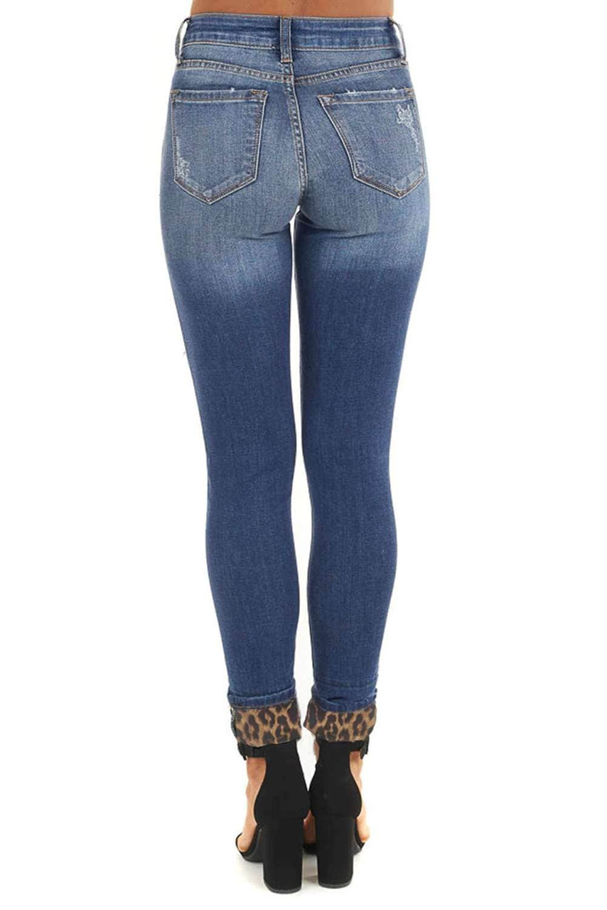 Blue Hollow Out Leopard Patchwork Distressed Jeans