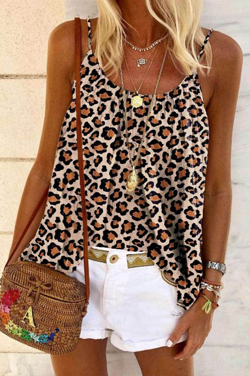 Khaki Leopard Print Spaghetti Strap Pleated Flowing Tank Top