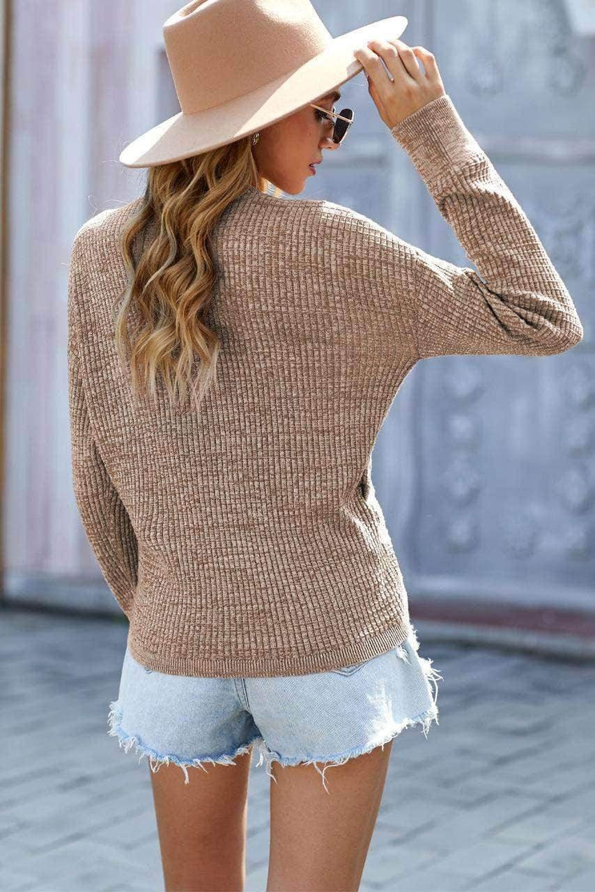 Khaki Deep V-neck Long Sleeve Knit Sweater