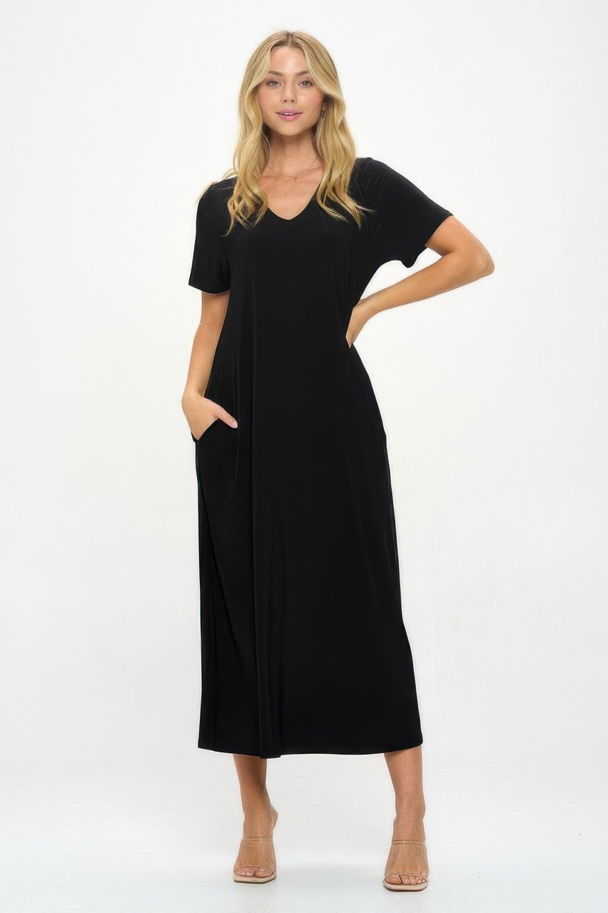 Hit V-neck Long Dress W/pocket