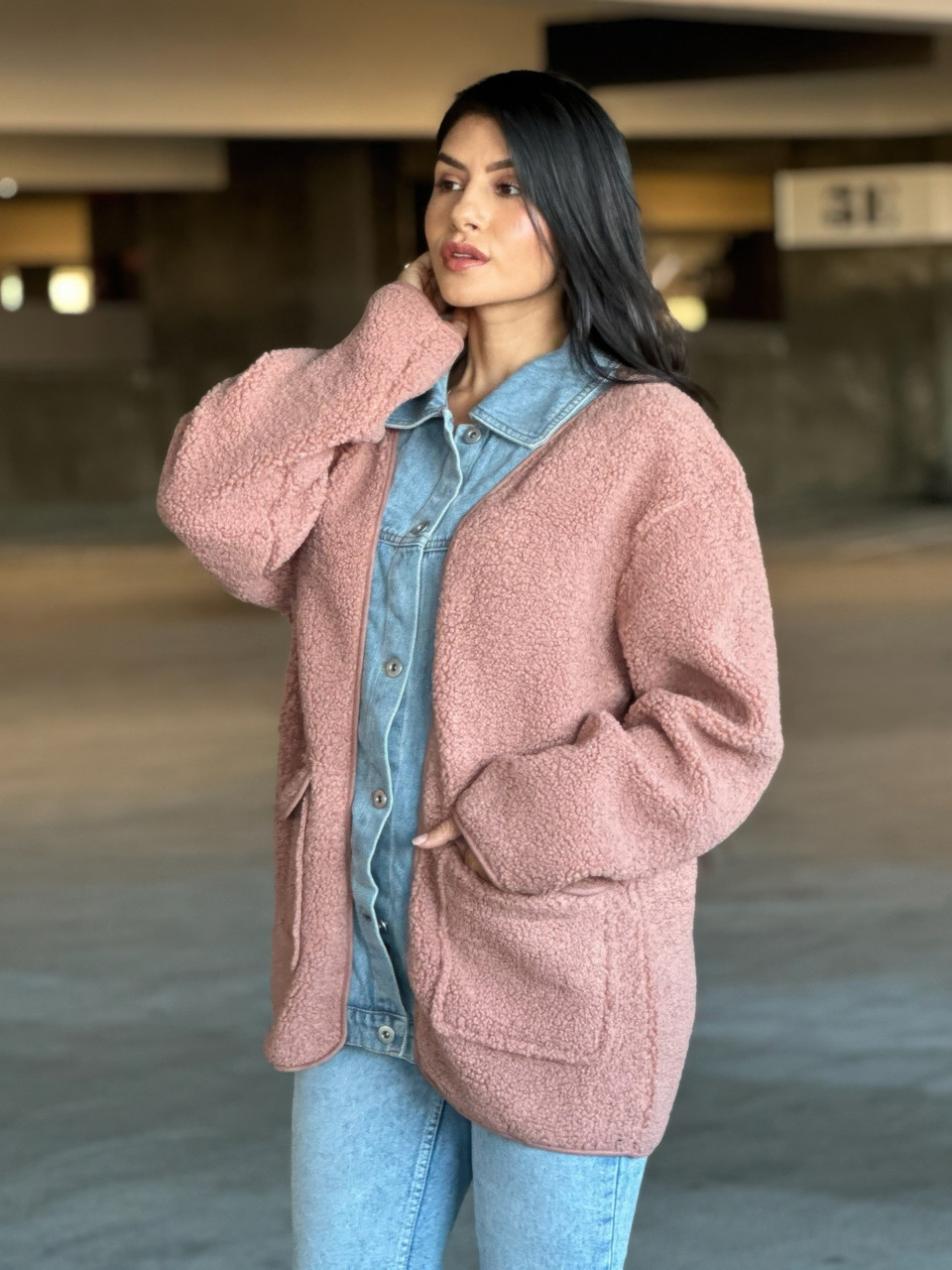 Teddy Fleece & Denim Jacket With Square Pockets    -54372