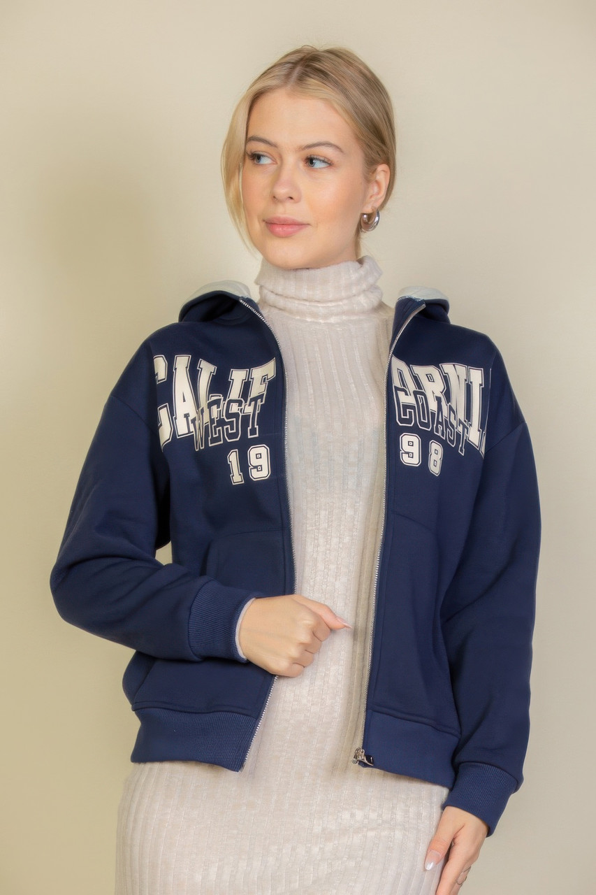 Graphic Drop Shoulder Zipper Up Hoodie-45814