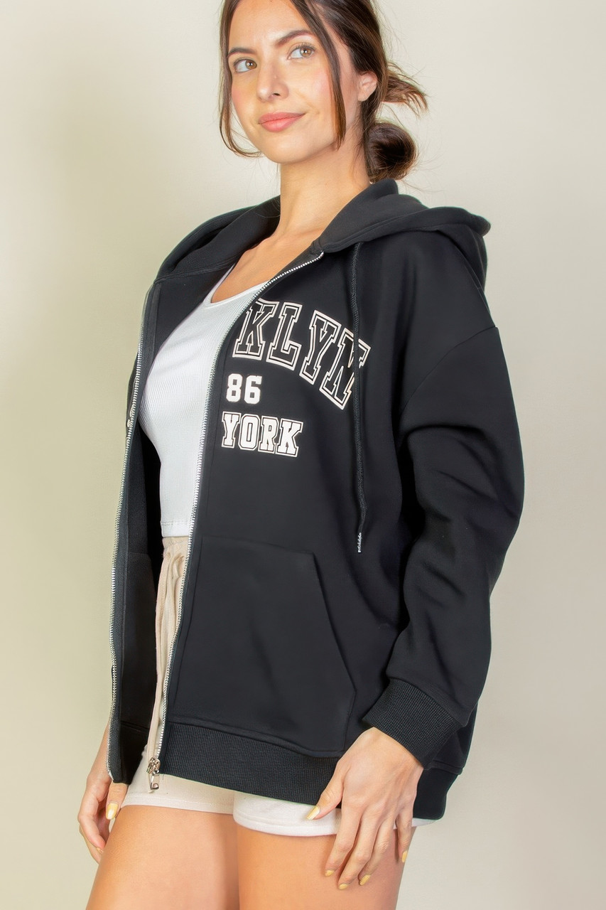Graphic Drop Shoulder Zipper Up Hoodie-45816
