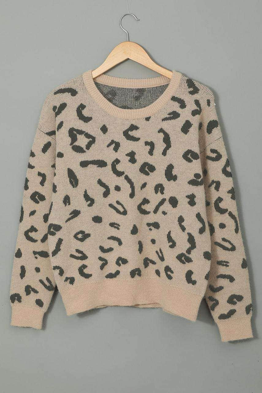 Ribbed Round Neck Leopard Sweater