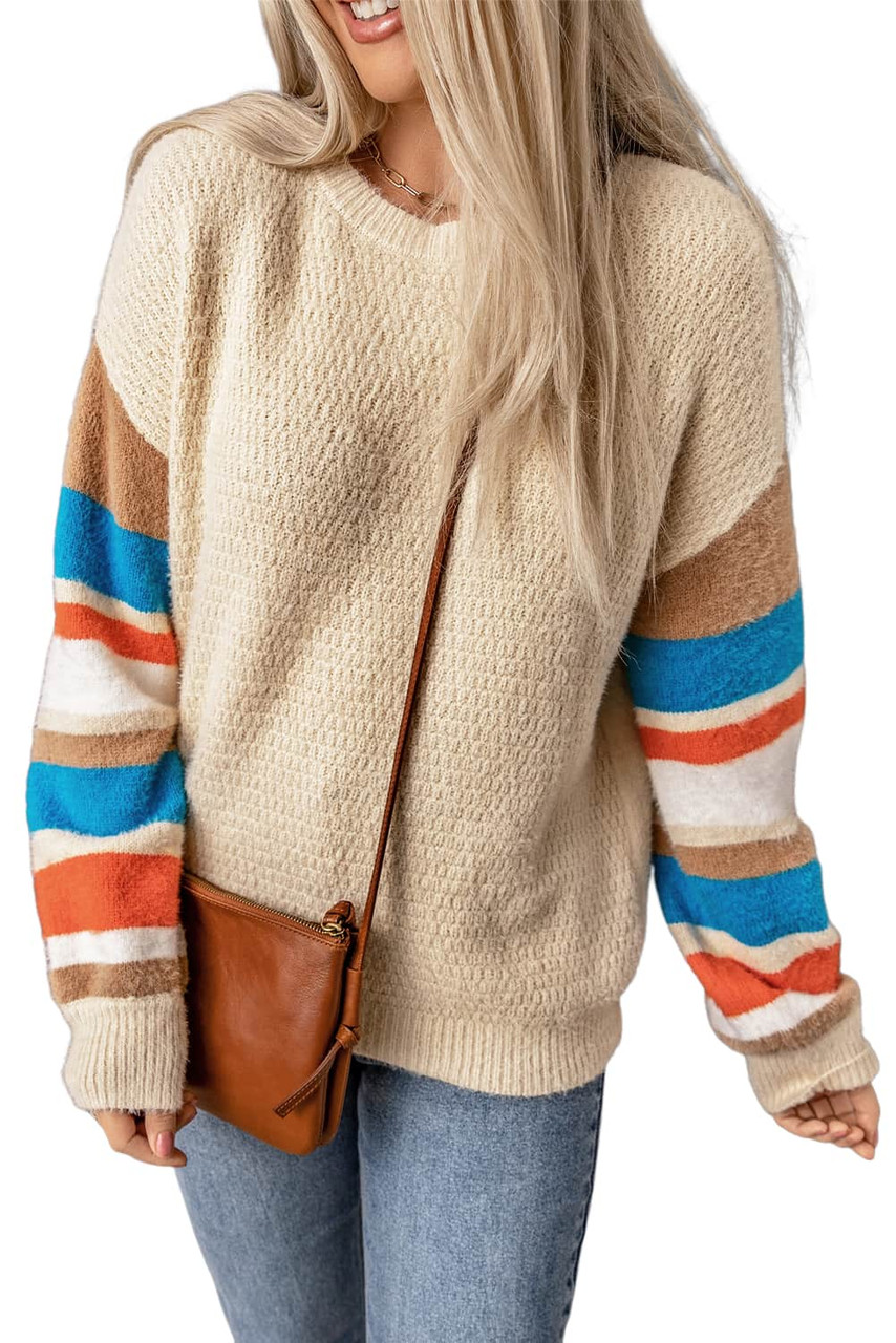 Apricot Crew Neck Lantern Sleeve Striped Color Block Sweater