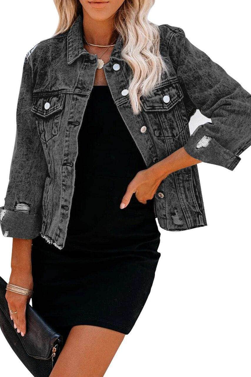 Gray Turn Down Collar Buttons Cut-out Denim Jacket
