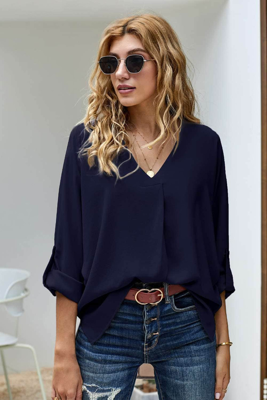 Blue V Neck 3/4 Sleeve High Low Hem Shirt