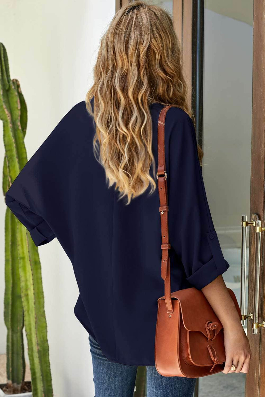 Blue V Neck 3/4 Sleeve High Low Hem Shirt