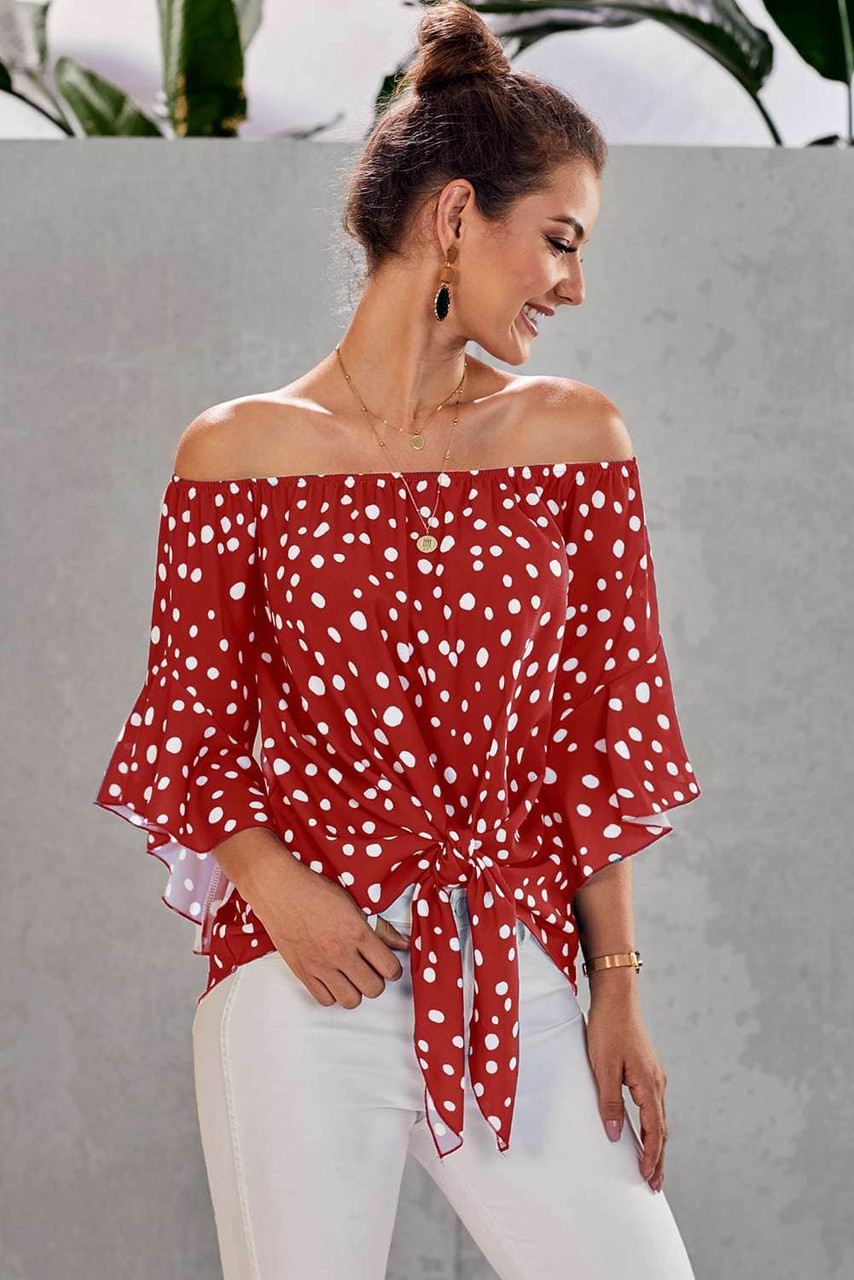 Red Polka Dot 3/4 Bell Sleeve Off Shoulder Front Tie Knot Top