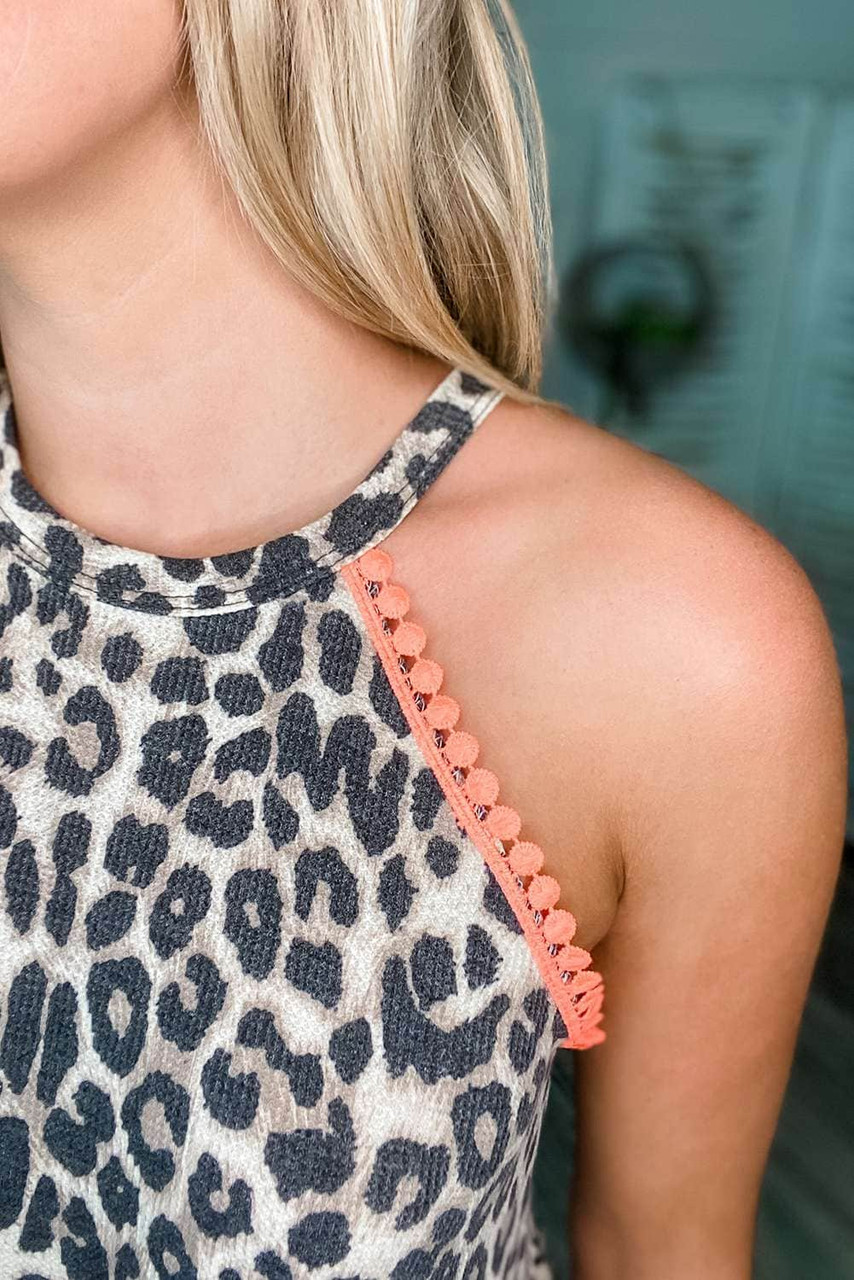 Halter Coral Trim Leopard&Stripe Print Tank Top