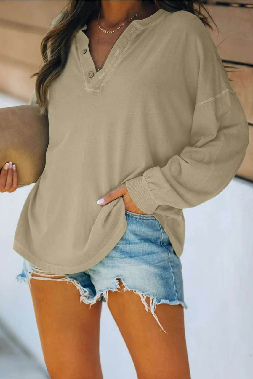 Khaki Buttoned V Neck Cotton Loose Fit Top