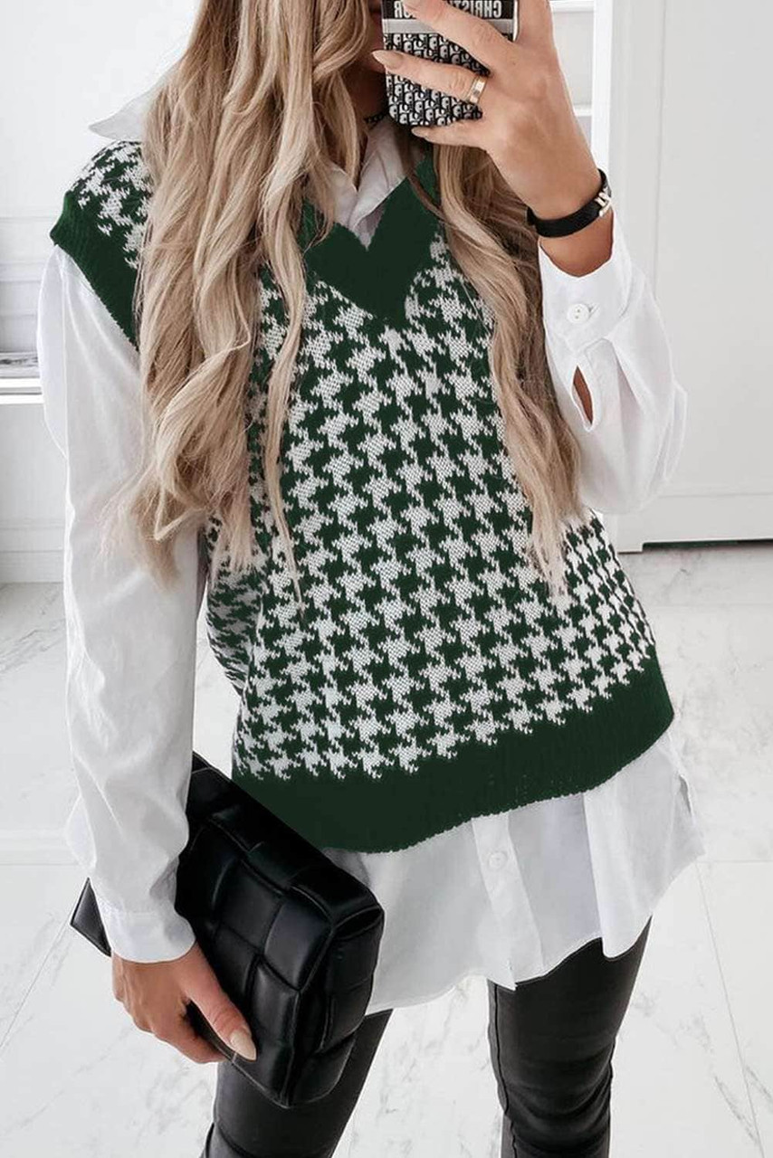 Green V Neck Argyle Plaid Knitted Sweater Vest