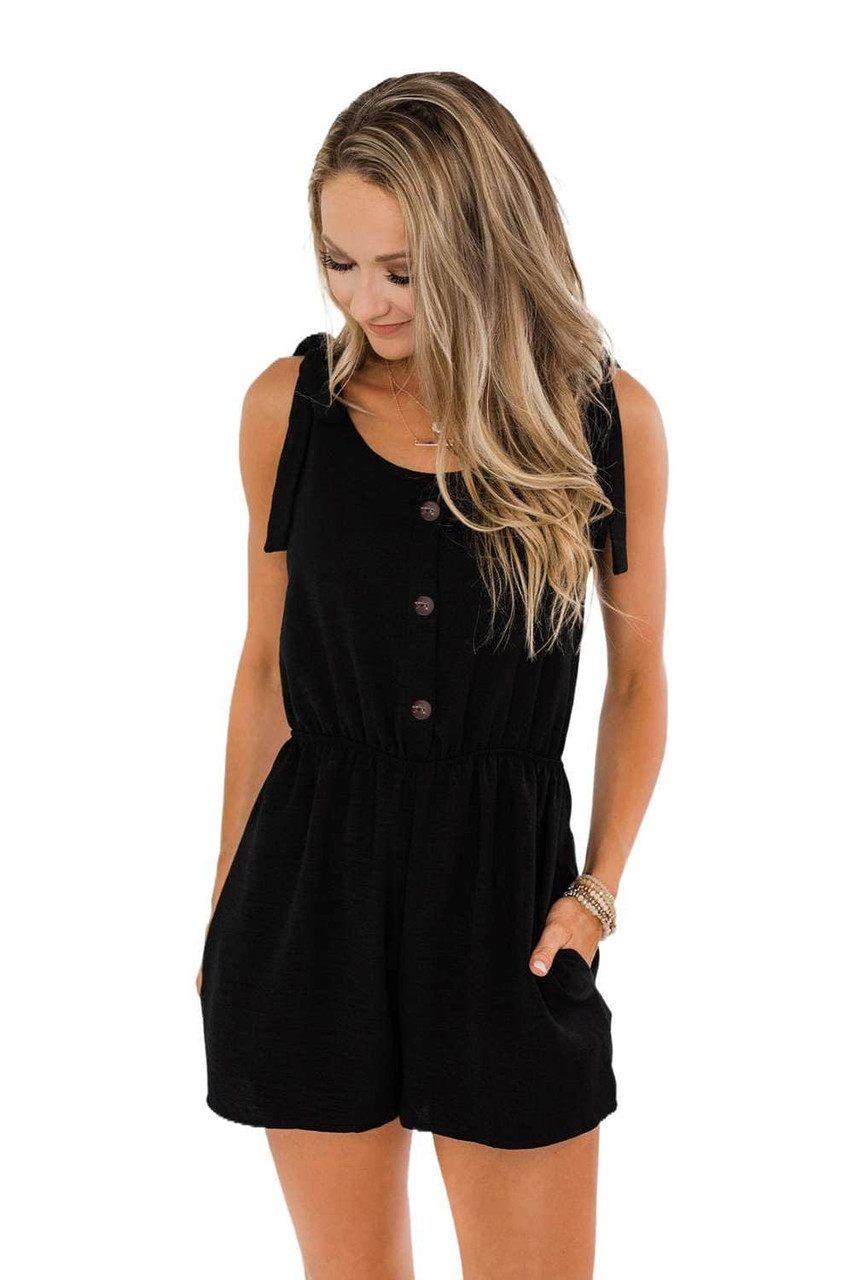 Black Tie Sleeve Buttons Pocketed Cutie Romper