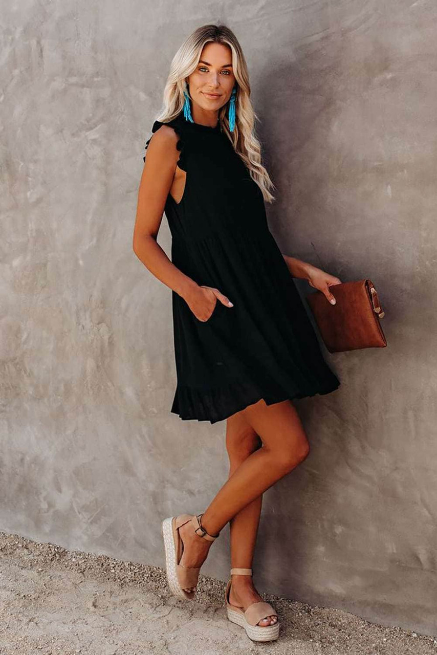 Black Pocketed Ruffle Babydoll Dress