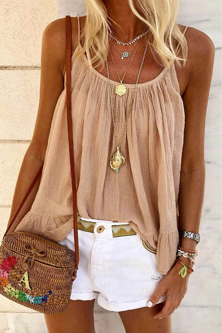 Apricot Spaghetti Straps Pleated Ruffled Tank Top