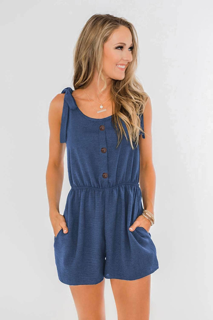 Blue Tie Sleeve Buttons Pocketed Cutie Romper
