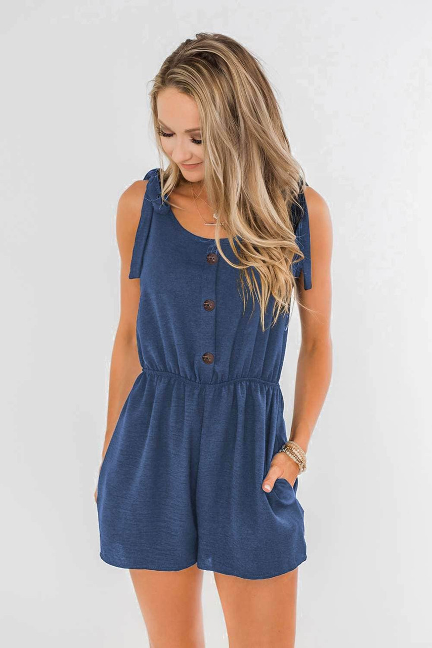 Blue Tie Sleeve Buttons Pocketed Cutie Romper