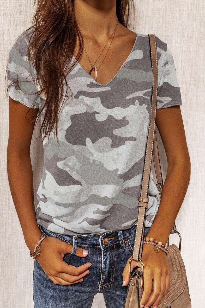 Gray Camouflage Print Short Sleeve Tee