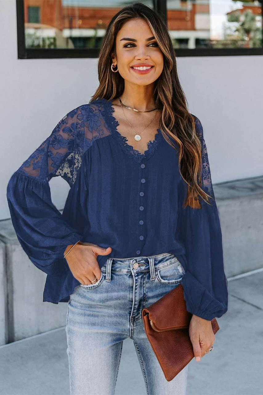 Blue V Neckline Lace Shoulder Patchwork Blouse