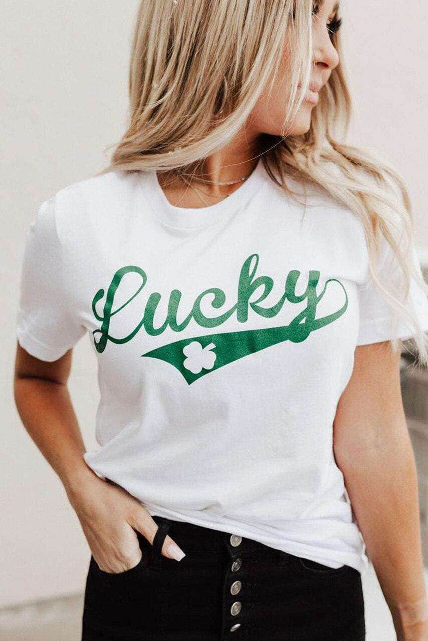 White Letter Print Crew Neck Short Sleeve Lucky Tee