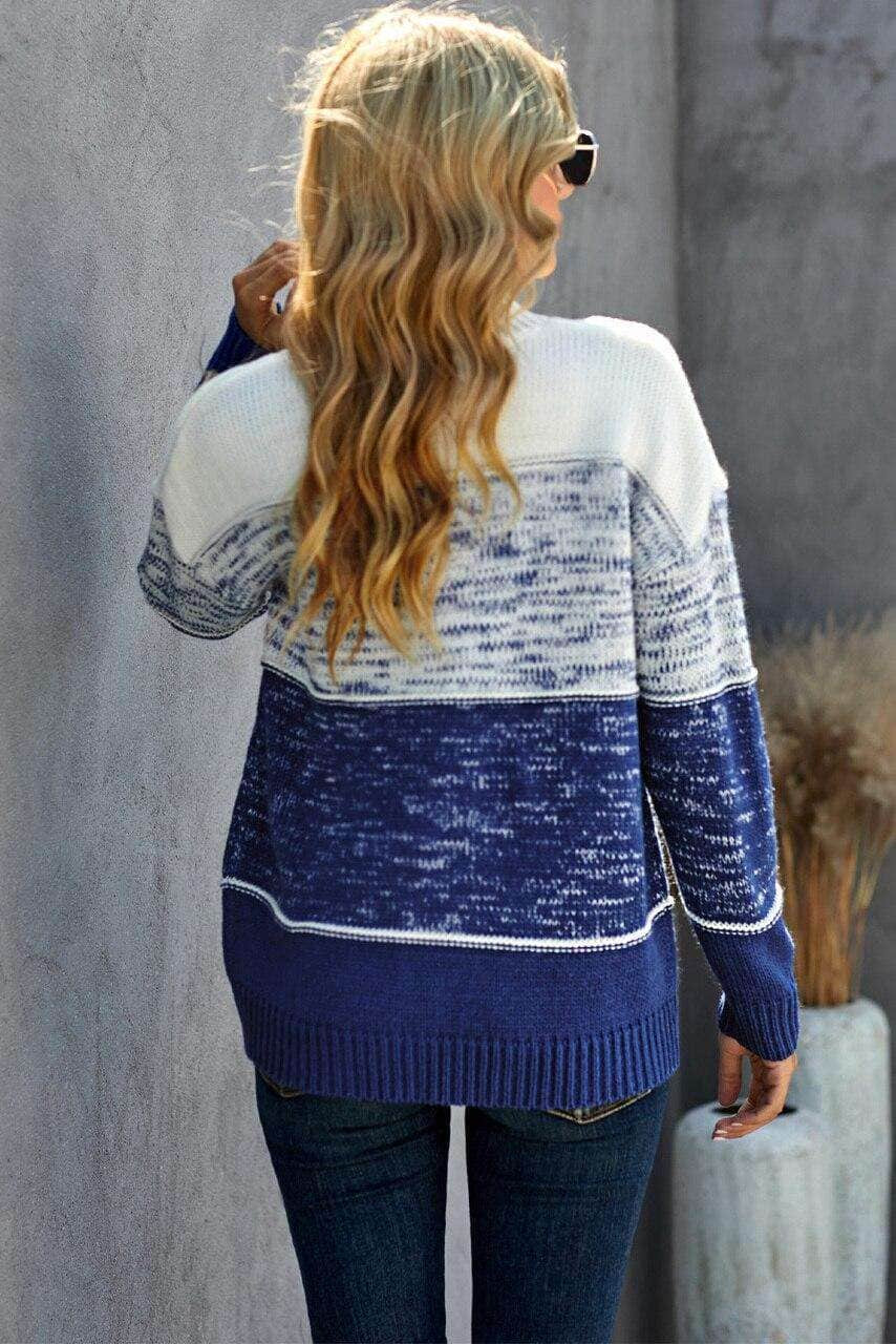 Blue Colorblock Knit Pullover Sweater