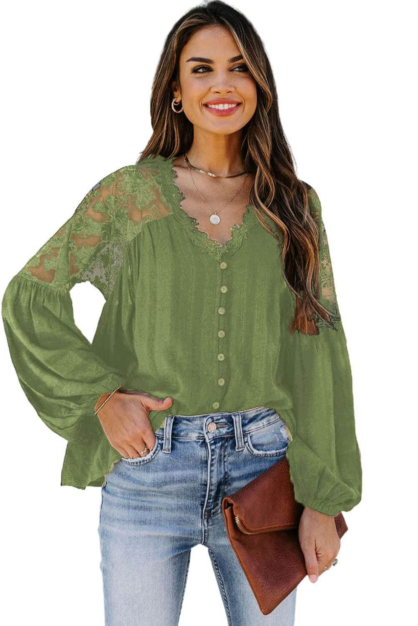 Green V Neckline Lace Shoulder Patchwork Blouse